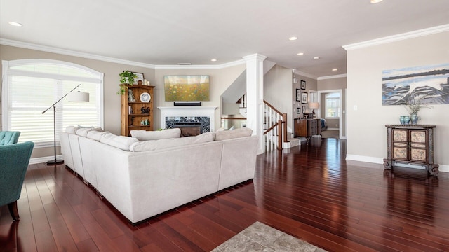 3555 Sellers Dr NE, Millersport, OH 43046 - living room with a fireplace, dark wood-style flooring, baseboards, healthy amount of natural light, and crown molding