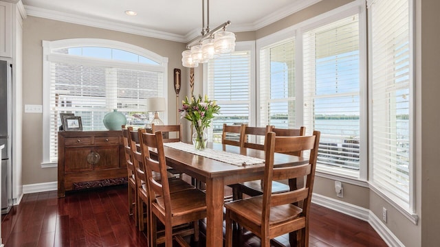 3555 Sellers Dr NE, Millersport, OH 43046 - dining room with baseboards, dark wood-type flooring, ornamental molding, recessed lighting, and a chandelier