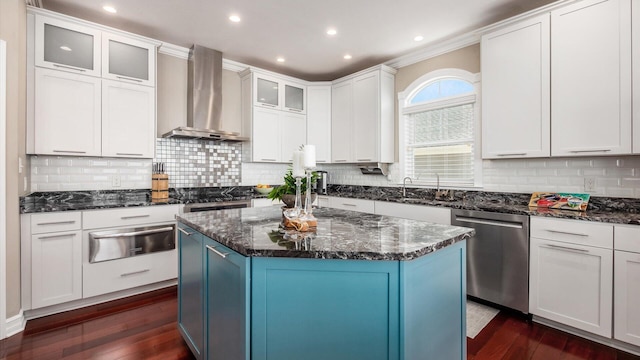 3555 Sellers Dr NE, Millersport, OH 43046 - kitchen featuring dishwasher, a warming drawer, wall chimney exhaust hood, a sink, and dark wood-style flooring