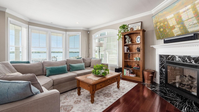 3555 Sellers Dr NE, Millersport, OH 43046 - living room with hardwood / wood-style flooring, crown molding, a premium fireplace, and recessed lighting