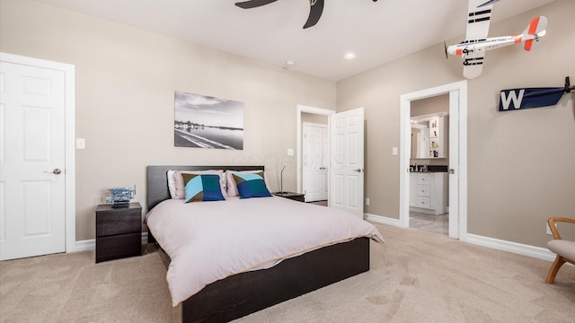 3555 Sellers Dr NE, Millersport, OH 43046 - bedroom featuring carpet, baseboards, a ceiling fan, and connected bathroom