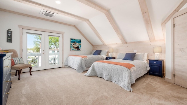 3555 Sellers Dr NE, Millersport, OH 43046 - bedroom with french doors, light carpet, vaulted ceiling, and access to outside