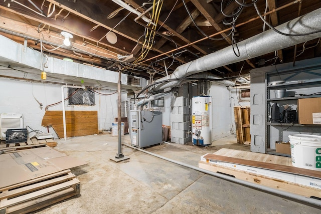 unfinished basement featuring heating unit and gas water heater