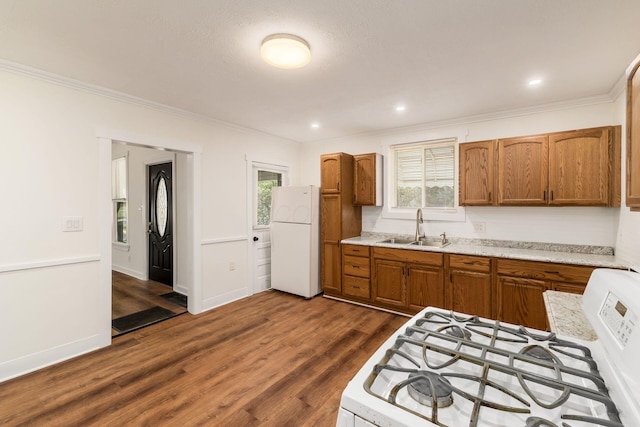 kitchen featuring a sink, light countertops, dark wood-style floors, ornamental molding, and white appliances