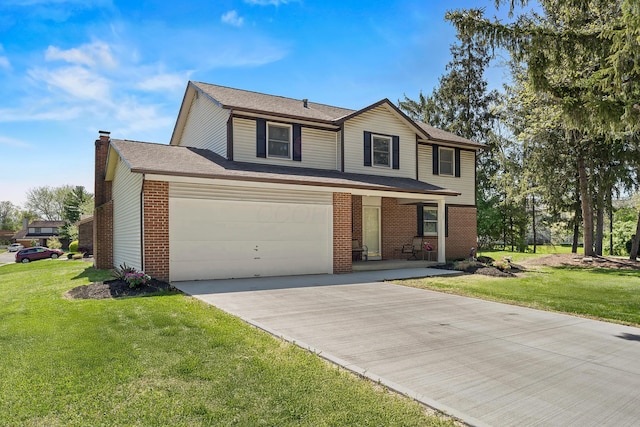 traditional-style home with a porch, driveway, a front lawn, and brick siding