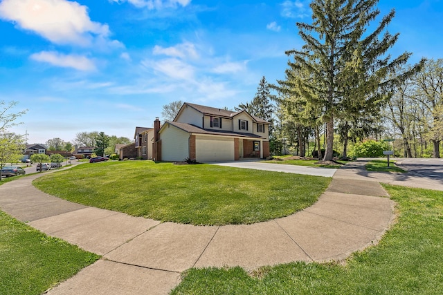 view of front of property featuring concrete driveway, brick siding, an attached garage, and a front lawn