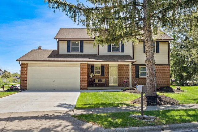 traditional-style house with brick siding, driveway, a front yard, and covered porch
