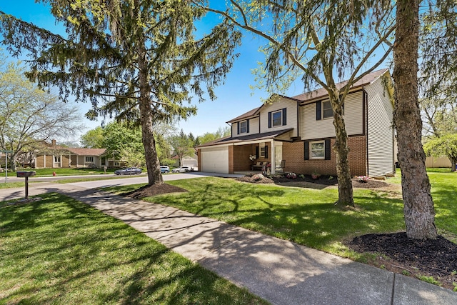 traditional-style home with concrete driveway, brick siding, an attached garage, and a front lawn