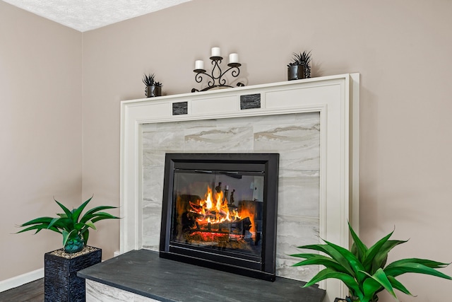 room details featuring a premium fireplace, baseboards, and wood finished floors
