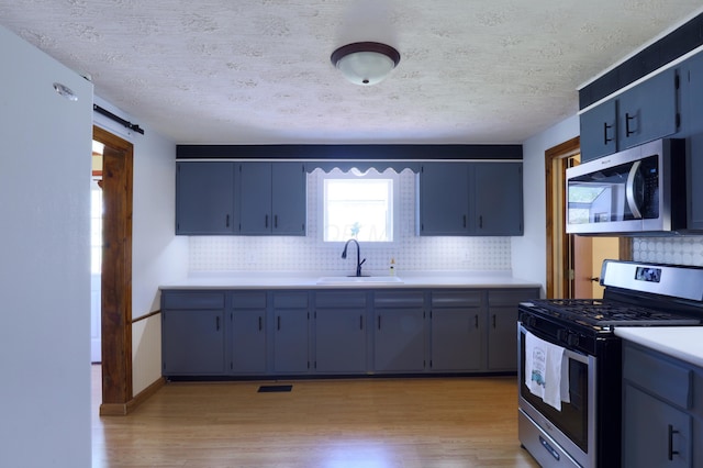 kitchen with blue cabinetry, appliances with stainless steel finishes, tasteful backsplash, a sink, and light wood-style flooring