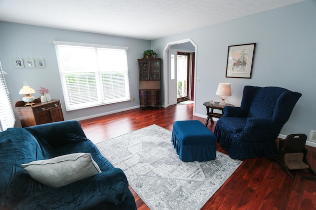 living area featuring arched walkways, baseboards, and wood finished floors