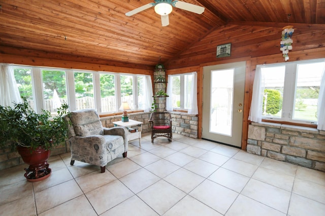 sunroom / solarium with wood ceiling, vaulted ceiling, tile patterned flooring, and wooden walls