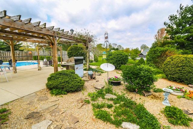 view of yard with a patio, a pergola, a fenced in pool, and a fenced backyard