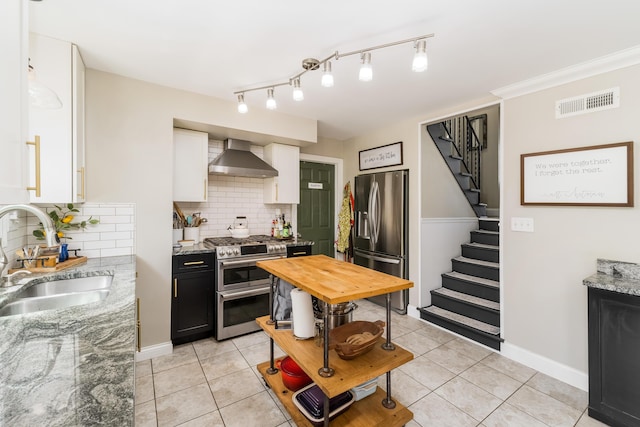 kitchen featuring wall chimney range hood, visible vents, tasteful backsplash, a sink, and stainless steel appliances