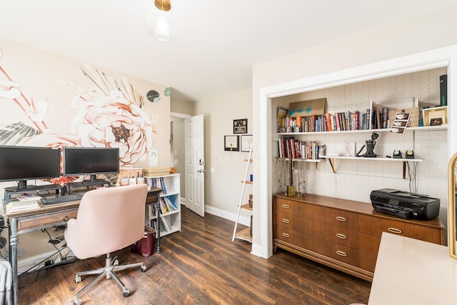 office area featuring baseboards and dark wood-style floors