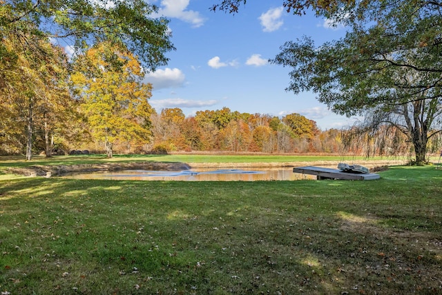 view of yard with a water view and a forest view