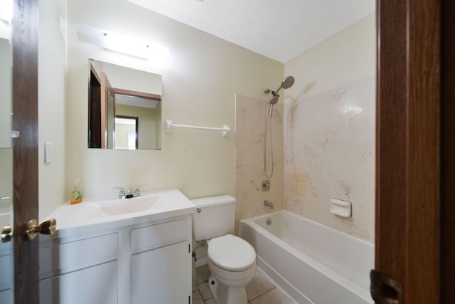 bathroom featuring tile patterned flooring, vanity, toilet, a textured ceiling, and  shower combination
