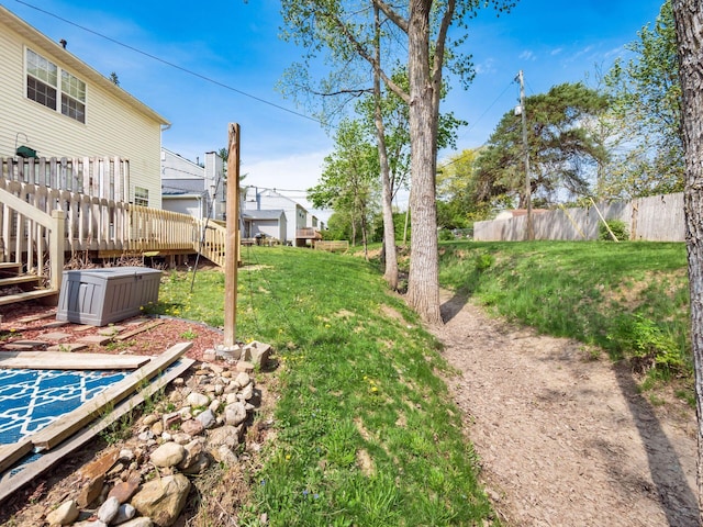 view of yard featuring a wooden deck and fence