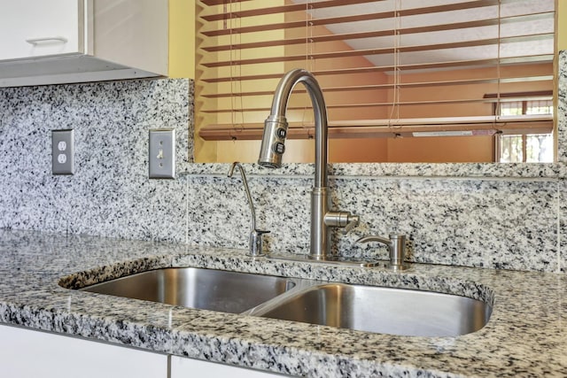 room details with light stone counters, a sink, and decorative backsplash