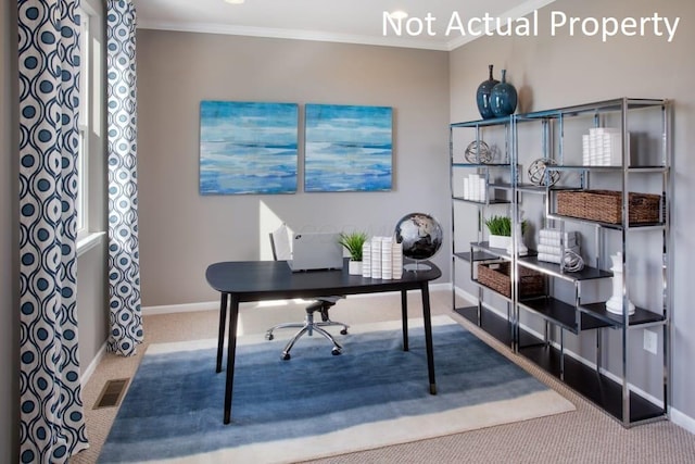 home office with baseboards, carpet flooring, and ornamental molding