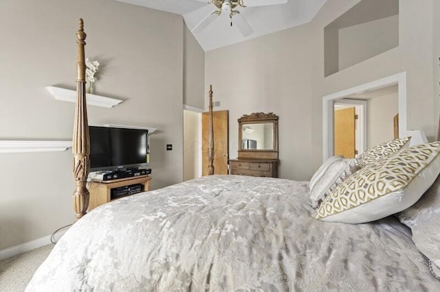 bedroom with baseboards, ceiling fan, carpet, and lofted ceiling