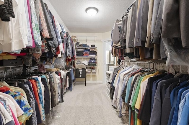 walk in closet featuring light carpet