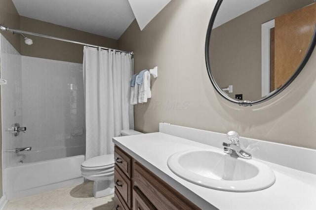 bathroom featuring vanity, toilet, and shower / tub combo with curtain