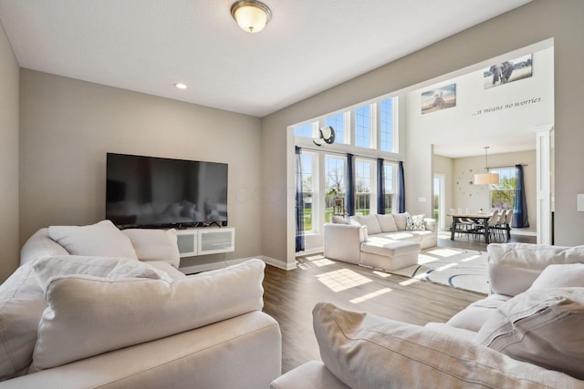 living room with baseboards, recessed lighting, and wood finished floors