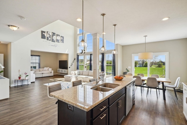 kitchen with stainless steel dishwasher, pendant lighting, a sink, and dark wood-type flooring