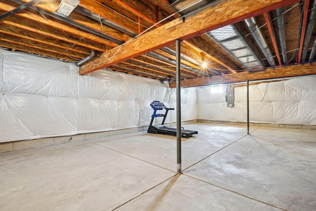 unfinished basement featuring electric panel