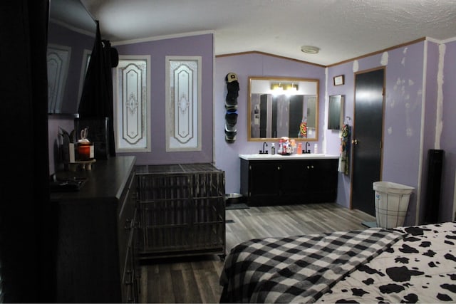 bedroom with crown molding, a sink, wood finished floors, and lofted ceiling