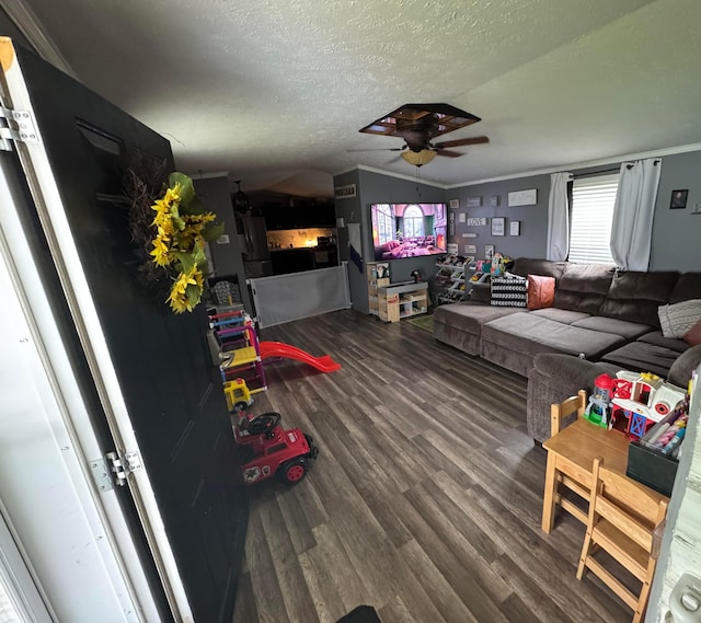 living area with a textured ceiling, ceiling fan, and wood finished floors