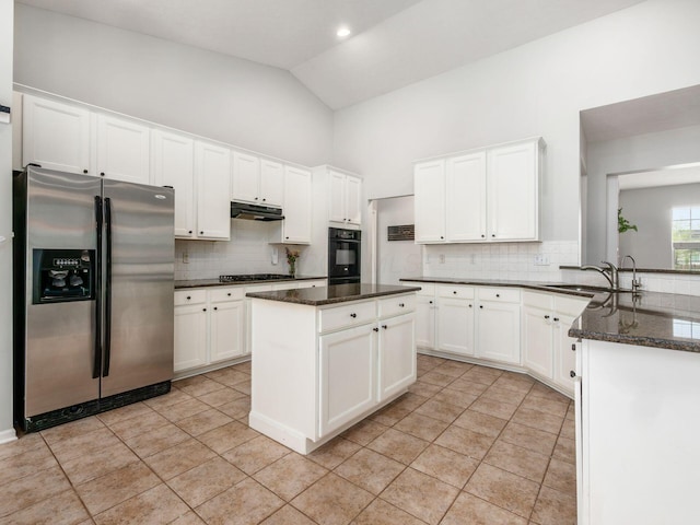 kitchen featuring tasteful backsplash, stainless steel fridge with ice dispenser, high vaulted ceiling, black oven, and light tile patterned flooring