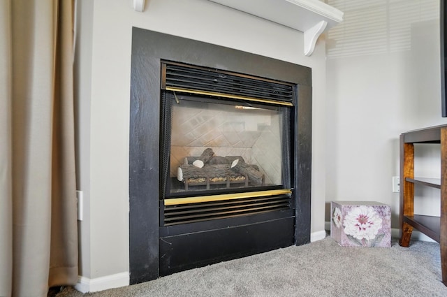 details featuring a glass covered fireplace, baseboards, and carpet flooring