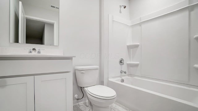 full bathroom with vanity, shower / bathtub combination, toilet, and visible vents