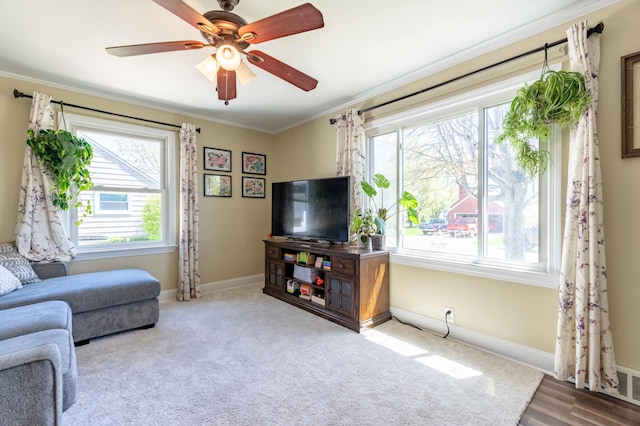 living room featuring crown molding, baseboards, and ceiling fan