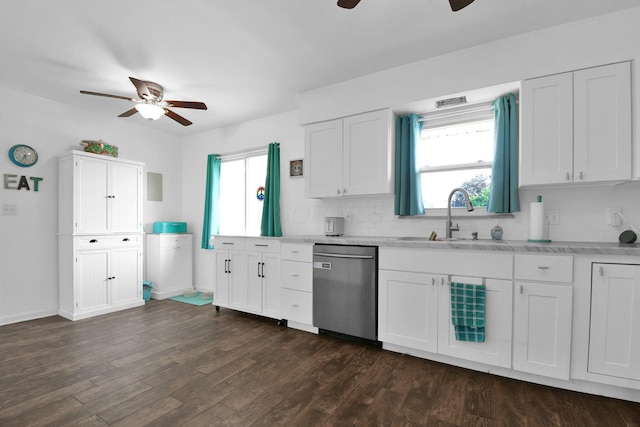 895 Janet Dr, Columbus, OH 43224 - kitchen with a sink, dishwasher, white cabinetry, a ceiling fan, and backsplash
