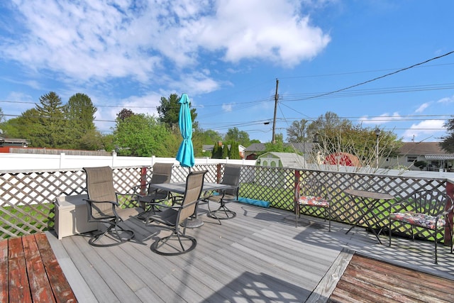 895 Janet Dr, Columbus, OH 43224 - wooden terrace with a storage shed and outdoor dining space
