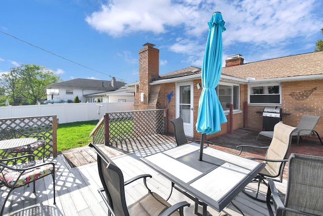 895 Janet Dr, Columbus, OH 43224 - wooden terrace with a yard, fence, outdoor dining space, and area for grilling