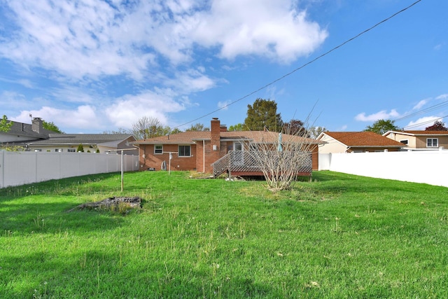 895 Janet Dr, Columbus, OH 43224 - rear view of property with a lawn, a fenced backyard, a wooden deck, and brick siding