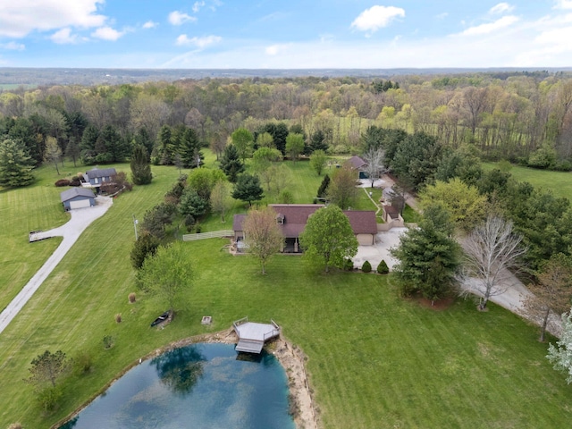 birds eye view of property featuring a water view and a view of trees