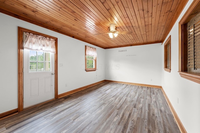 unfurnished room with a ceiling fan, plenty of natural light, wood ceiling, and wood finished floors