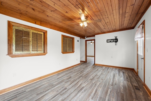 empty room with baseboards, wood ceiling, ceiling fan, and wood finished floors