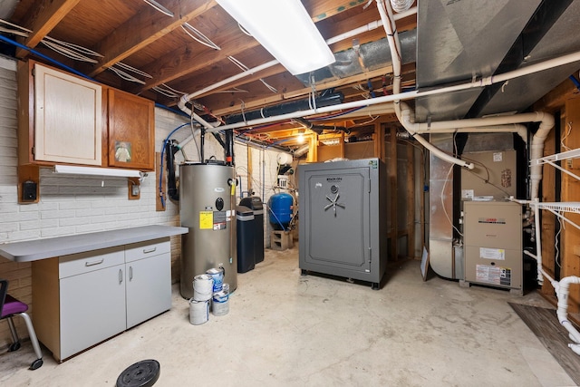 unfinished basement with heating unit and electric water heater