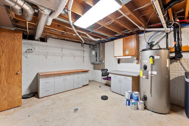 unfinished basement with water heater, a workshop area, and electric panel