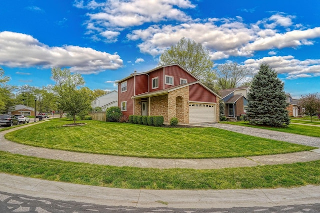 traditional home featuring brick siding, a garage, driveway, and a front yard