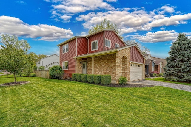 view of property exterior featuring brick siding, a garage, a lawn, and driveway