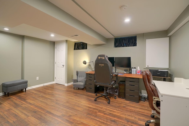 home office featuring baseboards, recessed lighting, wood finished floors, and visible vents