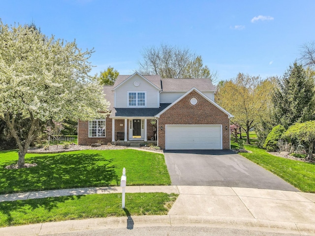 traditional-style home featuring driveway, a front yard, roof with shingles, brick siding, and an attached garage