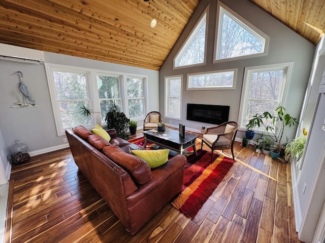 living room featuring wood ceiling, high vaulted ceiling, a wall unit AC, and hardwood / wood-style flooring